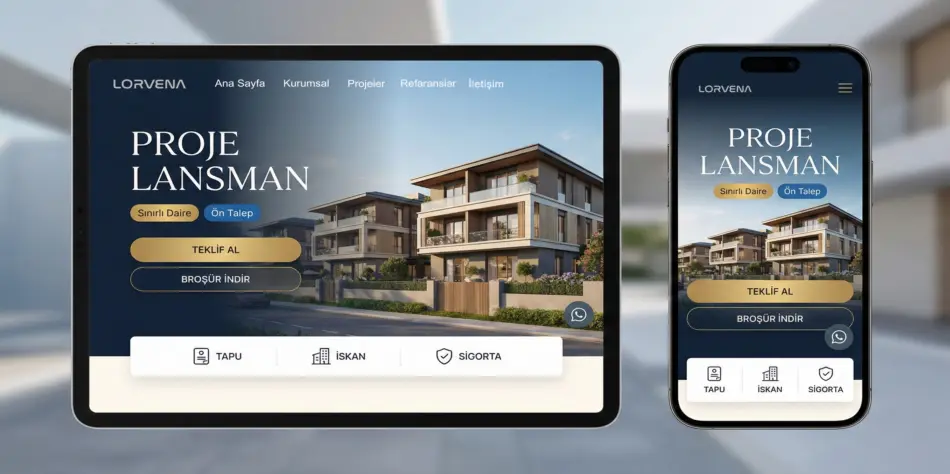 Project launch page with brochure download and enquiry buttons on a tablet and phone.